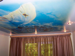 интерьер с натяжными потолками с фотопечатью